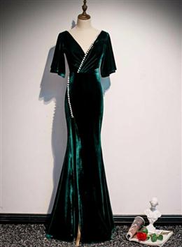 Picture of Dark Green Velvet Mermaid Slit V-neckline Formal Dresses Party Dresses, Long Evening Dress